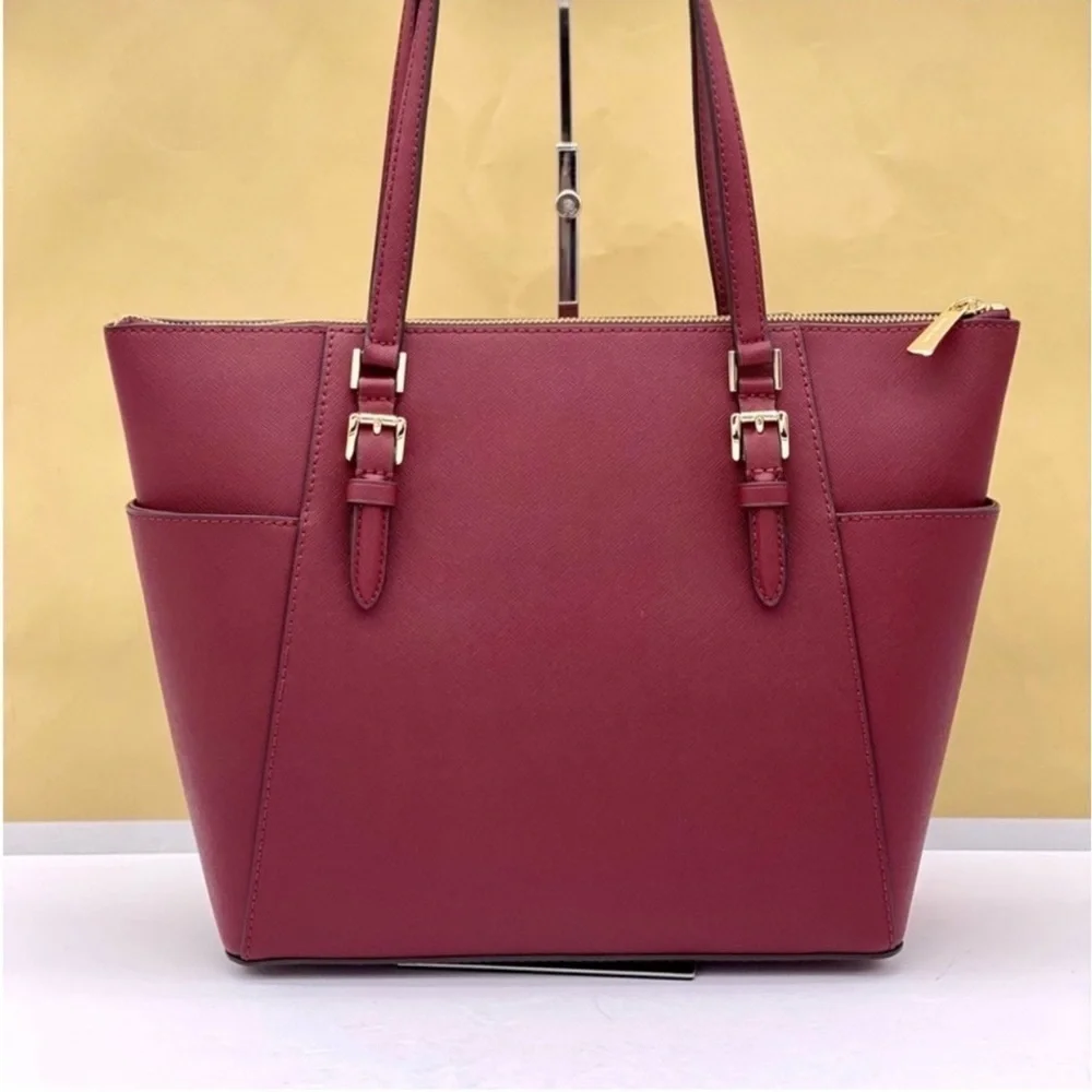 Michael Kors Charlotte Leather Tote Shoulder Bag Dark Cherry